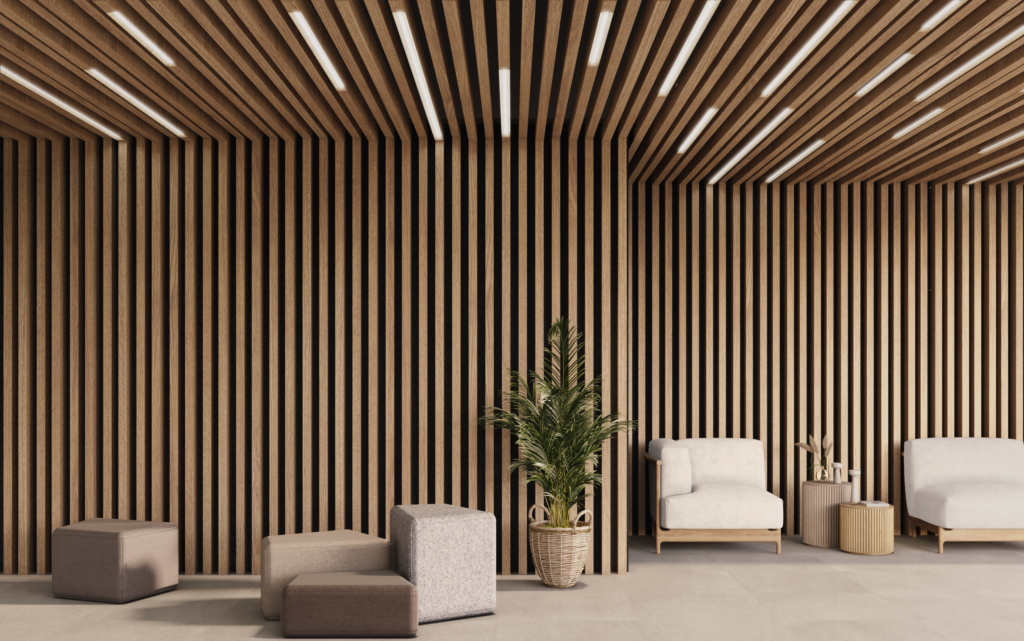 Folded Surfaces 016: An elegant office adorned with PET felt material wooden walls.